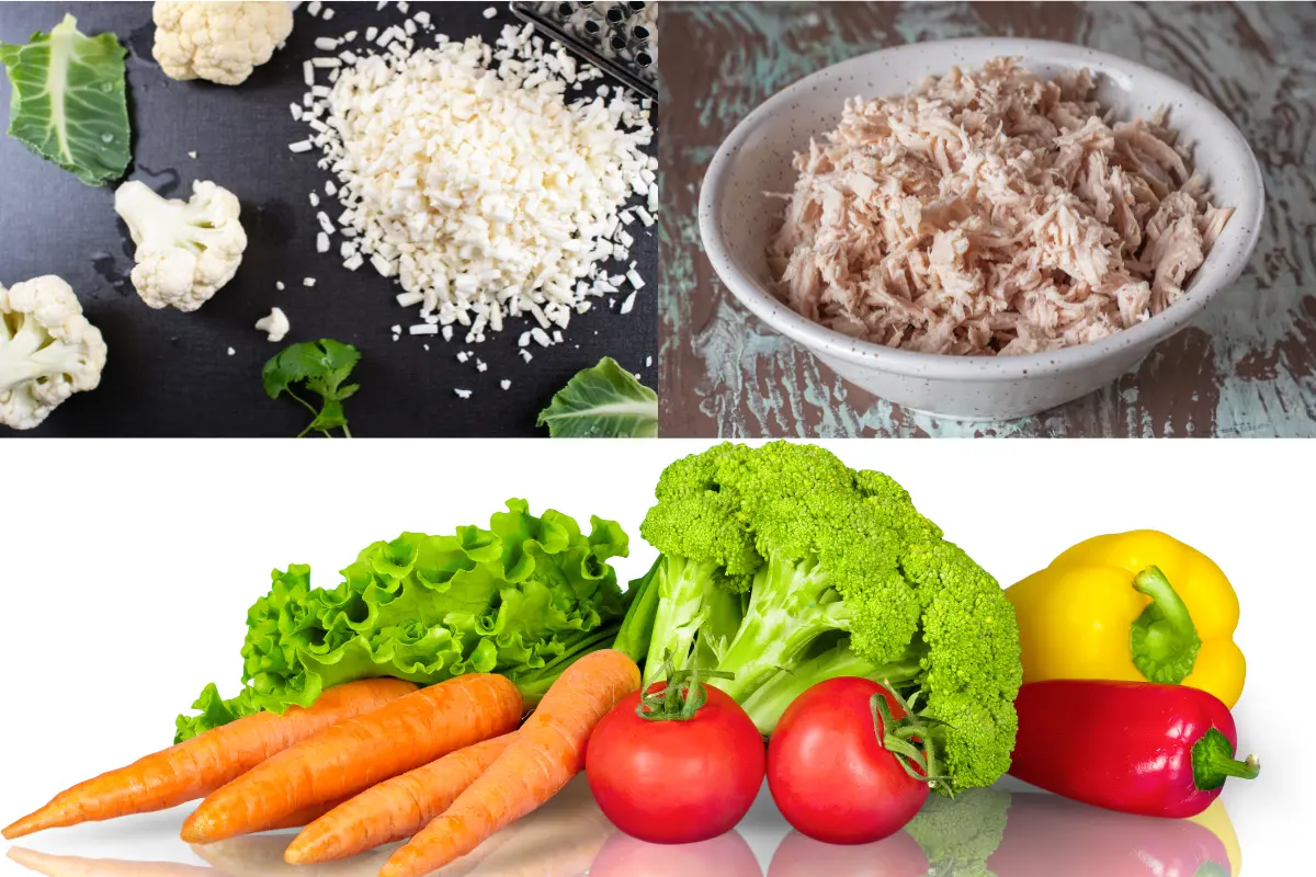 Ingredientes do arroz de couve-flor com frango e legumes.