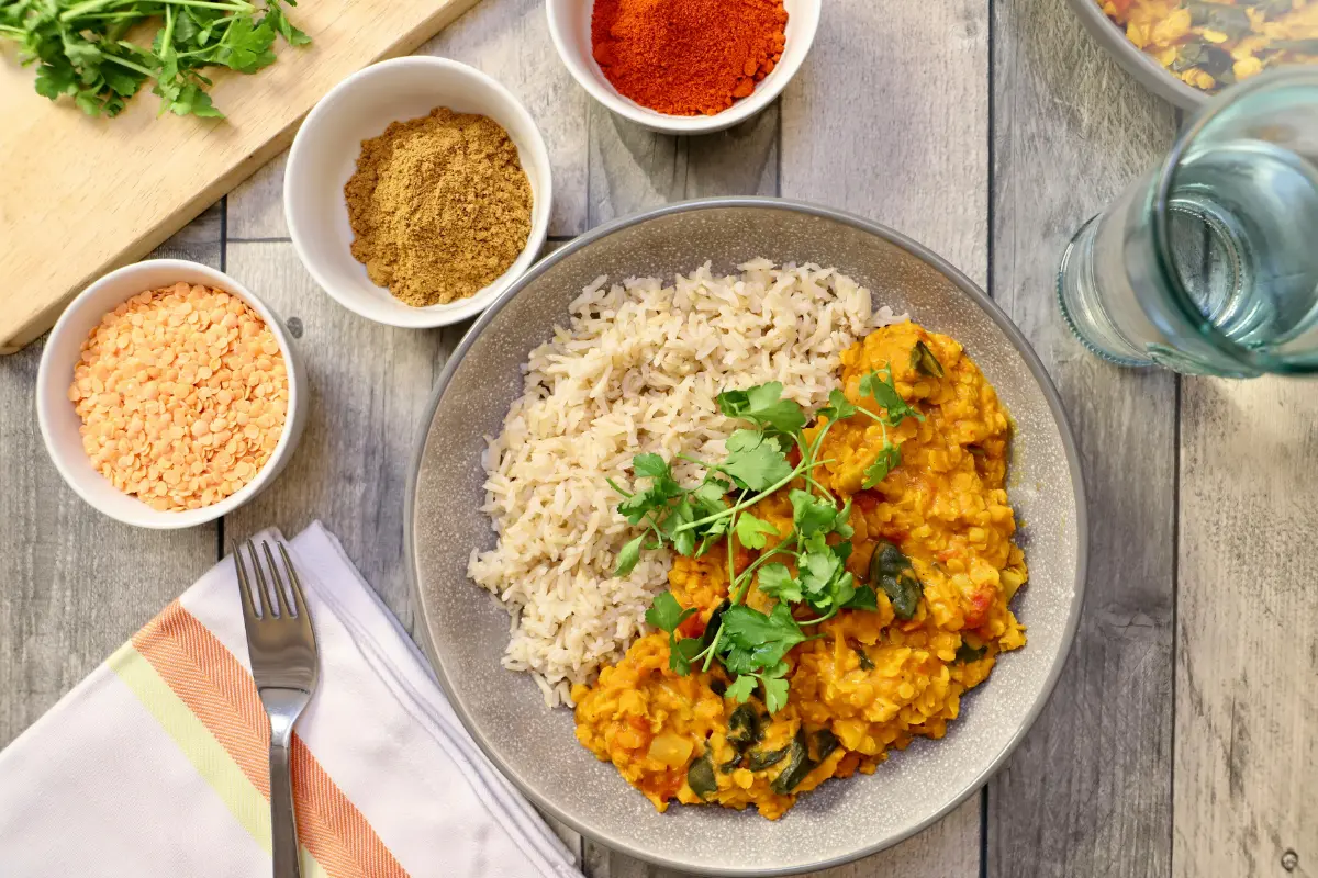 Strogonoff vegano servido com arroz.
