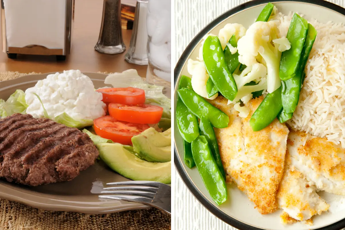 Exemplo de porções equilibradas e excessivas na dieta low carb. Foto: Reprodução / Canva.