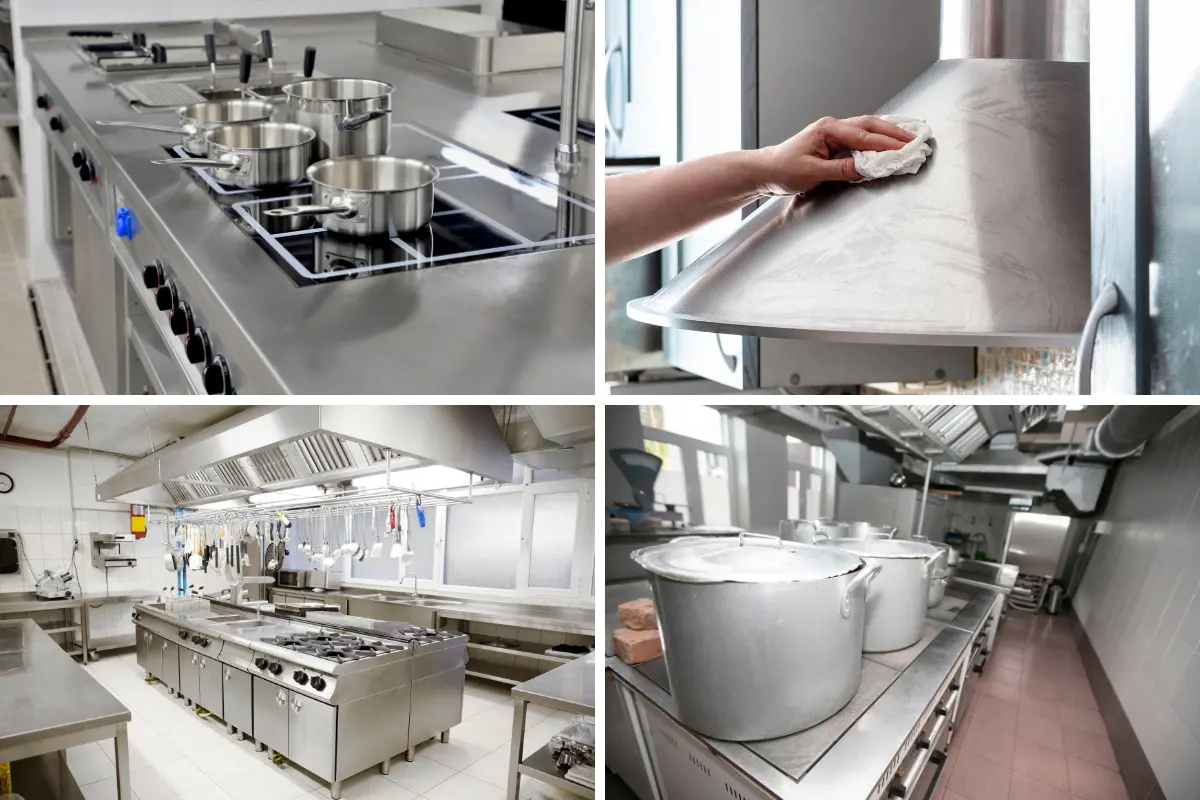 Equipamentos como fogão industrial, coifa e bancadas de aço inox. Foto: Reprodução / Canva.