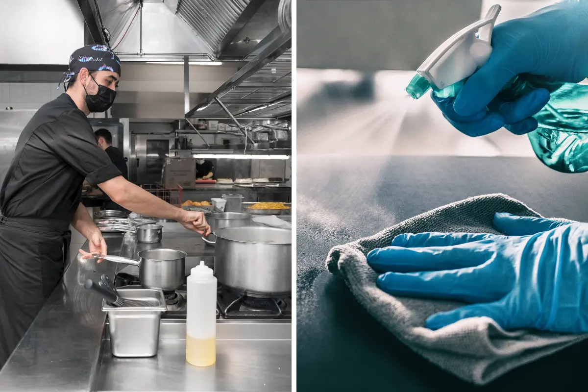 Higienização de equipamentos e superfícies em cozinha industrial. Foto: Reprodução / Canva.