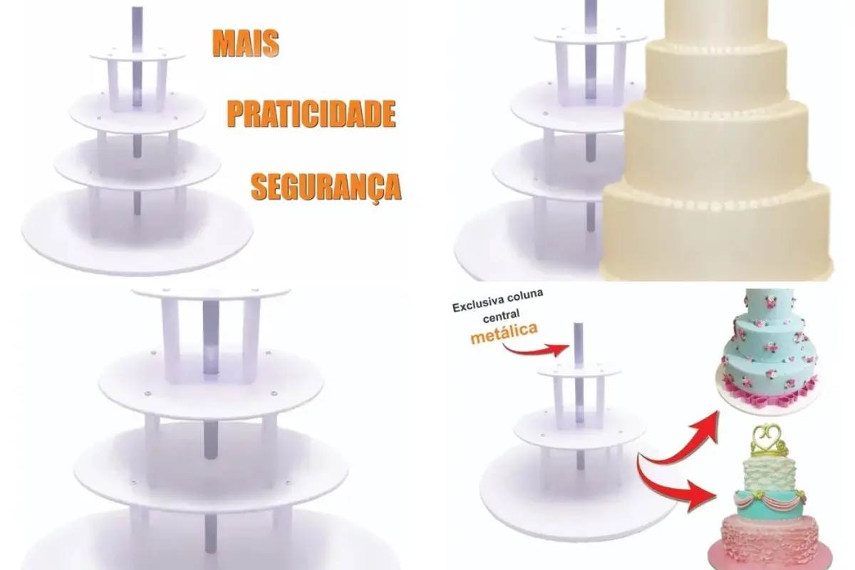 Suportes invisíveis garantindo a estabilidade de um bolo alto e artístico. Créditos: ASA PRODUTOS no Mercado Livre.